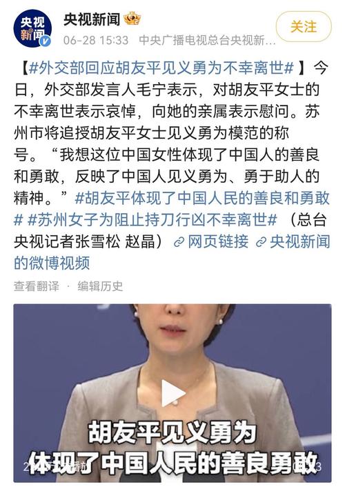 外交部:胡友平见义勇为体现了中国人民的善良和勇敢